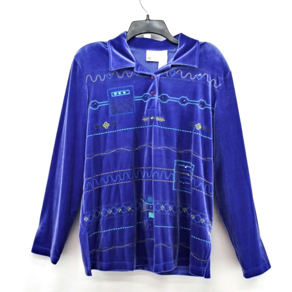 Koret Shirt Womens Size M Velvety Blue Long Sleeve Beaded Pullover Top